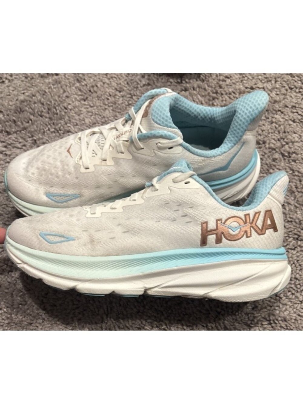 Hoka One One Clifton 9 Shoes Womens 7.5 White Blue Athletic Running Gym Sneakers